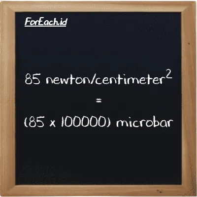 How to convert newton/centimeter<sup>2</sup> to microbar: 85 newton/centimeter<sup>2</sup> (N/cm<sup>2</sup>) is equivalent to 85 times 100000 microbar (µbar)